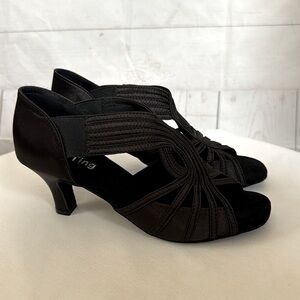 YYTing Size 8 Black Satin Open Toe Heels